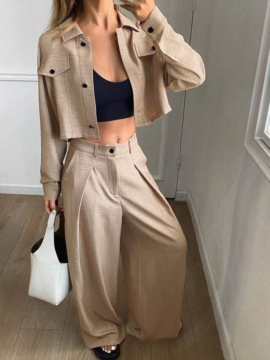 DAZY Women 2 Pieces Casual Set, Solid Color Loose Short Long Sleeve Shirt And Wide Leg Pants, Spring/Summer,Fall Clothes - Apricot - View 1