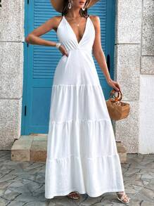 SHEIN Tall Đầm Maxi Cami Xếp Tầng Buộc Lưng Hở Lưng - trắng - Xem 6