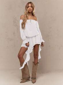 MISSGUIDED Off Shoulder Boho Ruffle Dress Long Sleeve High Low Hem Wedding Guest Summer Spring Resort Vacation Party Midi Asymmetrical Peasant Western Dress - White - View 3