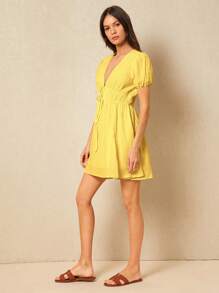 Poéselle Women's Solid Color Short Casual Dress, Suitable For Summer - Yellow - View 4