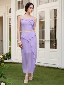 SHEIN LUNE Women 2pcs Set Chiffon Cami Top With Frill Trim & Slit Design, Casual Elegant - Purple - View 7