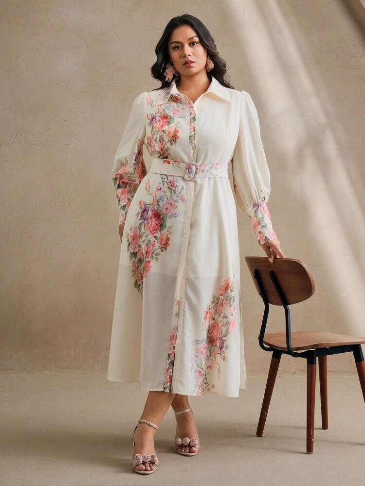 Plus Size Women Lantern Sleeve Floral Print V-Neck Waisted Dress, Suitable For Spring, Summer, Festival, Holiday, Vacation