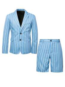 Manfinity Mode Men's Striped & Lapel Neck Long Sleeve Blazer And Shorts Suit Set Men Casual Suit