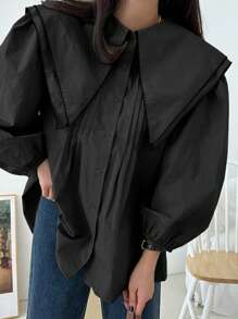 DAZY 女士纯色翻领简约长袖衬衫，秋装 - 黑色 - 查看 6