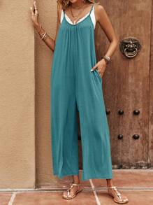 SHEIN Clasi Vacation Casual Solid Color Strap Jumpsuit