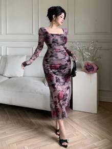 DAZY 女士修身方领植物印花沙滩连衣裙，扎染，高开衩长袖，度假装，秋季碎花长裙 - 中紫紅色 - 查看 3