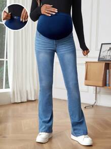 SHEIN Adjustable Waist Flare Leg Casual Versatile Maternity Jeans - Light Wash - View 1