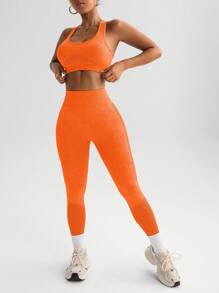 Gameset SHEIN Sport Women Solid Color Sleeveless Casual Crop Top And Pants Sportswear Set Women Leggings Set Workout Women Sets - Orange - View 3