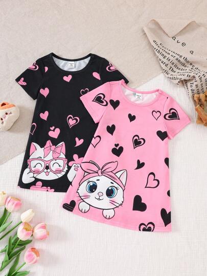 SHEIN مجموعة بيجامة الفتيات الرضع 2 قطعة، بنمط القطة الكرتونية الجميلة، برقبة مستديرة وأكمام قصيرة من النسيج المحبوك، للصيف