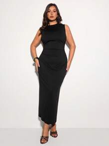 SHEIN BAE Plus Size Women's Black Sleeveless Mini Crew Neck Dress, Slit, Tight-Fitting, Bodycon, Sexy, Street Style, Cool Girl, Elegant - Suitable For Daily Wear, Outing, Date, Afternoon Tea, Vacation, Spring/Summer, Back To School, Work, Formal Occasions,Birthday Dresses For Women - Black - View 9