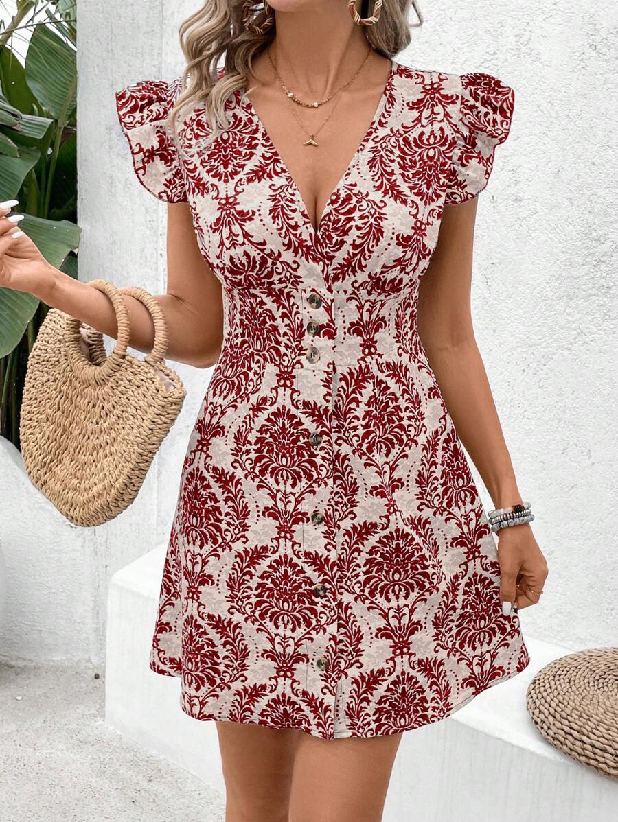 SHEIN Frenchy Vestido corto bohemio para mujer: Vestido mini rojo de escote en V tejido con mangas cortas y detalles de abotonadura - Rojo - Ver 1