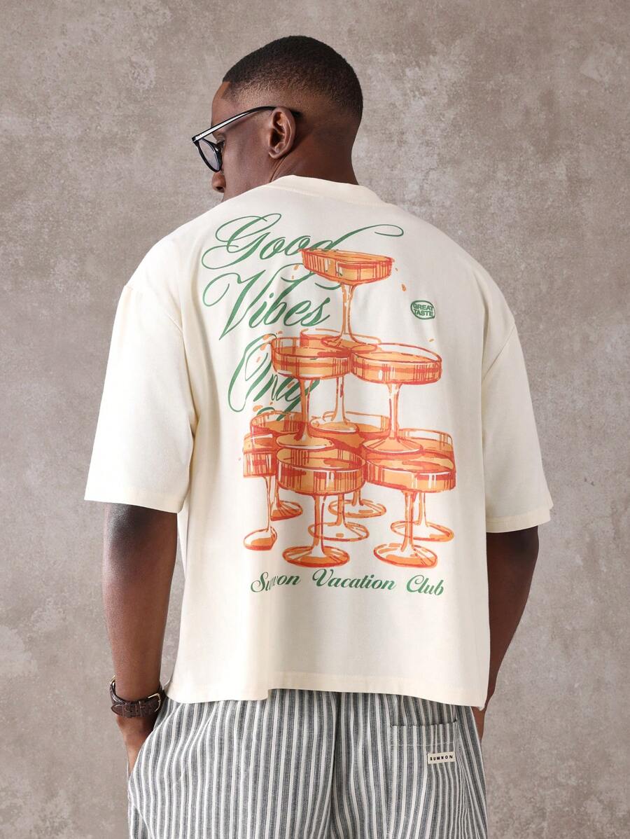 SUMWON Boxy Good Vibes Summer Vacation Club T-Shirt, Retro Graphic Print, Casual Beach Party Weekend Lounge, Oversized Streetwear Fashion - Apricot - View 1