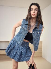 MOTF STUDIO 提花纽扣褶饰牛仔裙 - 藍色 - 查看 6