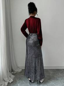 Rafferiza 法式优雅设计V领拼接亮片3D玫瑰装饰长袖秋冬女装 - 彩色 - 查看 2