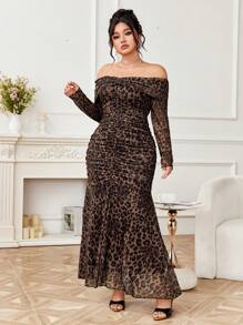 Modelyn 女士豹纹褶皱露肩收腰长袖优雅晚会约会连衣裙 - 咖啡棕 - 查看 4