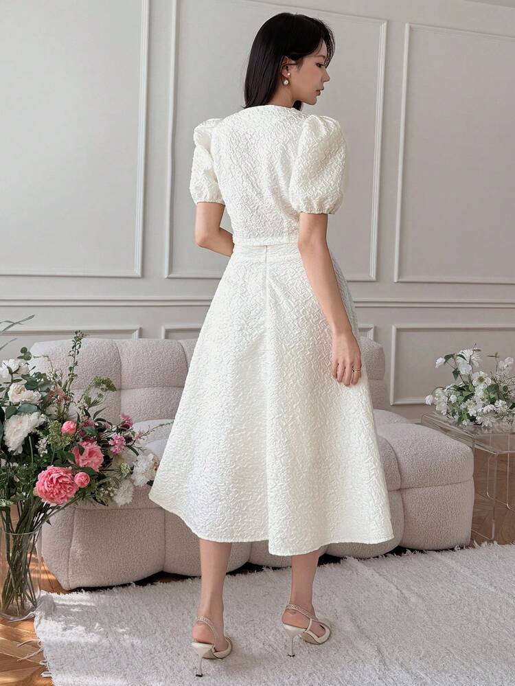 2pcs Women Set - Round Neck Puff Sleeve Blouse & Skirt