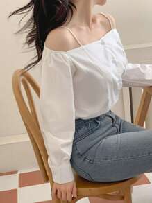 DAZY Blusa elegante de unicolor con hombros descubiertos y manga larga para mujeres, ropa de mujer para otoño