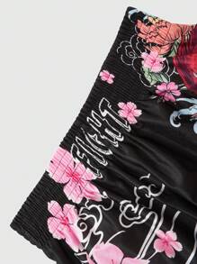 ROMWE MEN Prep Men Dragon Letter & Floral Print Loose Boxing Shorts - Multicolor - View 6