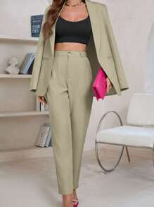 Aveloria Modichic Áo khoác blazer nữ tay dài cổ tròn màu trơn thanh lịch, dành cho mùa thu - màu xanh lá - Xem 6