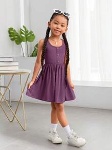 SHEIN Young Girl Plain Knitted Sleeveless Casual Dress For Spring/Summer, Daily Wear