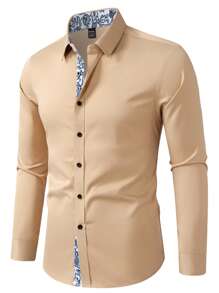 Calvornis Men's Floral Print Patchwork Single Button Closure Casual Long Sleeve Formal Shirt (Unpositioned) Men's Fashion Shirts, Fall, Ceremony - Khaki - View 3