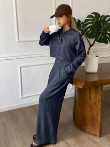 DAZY 女士休闲两件套，纯色宽松短袖衬衫和阔腿裤，春夏秋季家居服套装