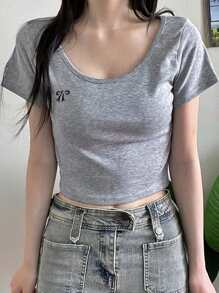 DAZY Women's Oversized Round Neck Letter Embroidery Cropped Short Sleeve T-Shirt With Bow, Grey, Spring/Summer