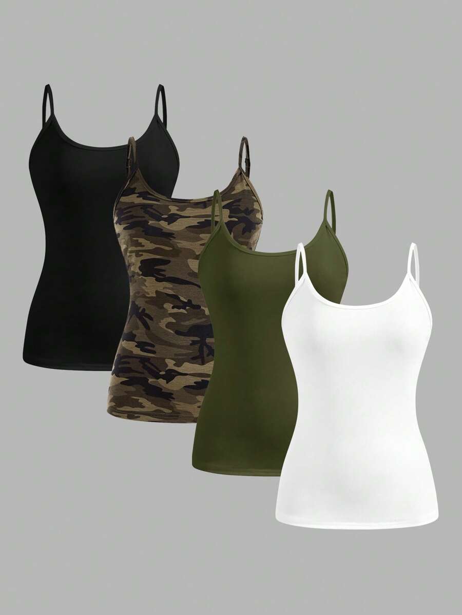SHEIN EZwear 4pcs Pack Women Casual Minimalist Camisole Tank Top, Suitable For Summer Back To School