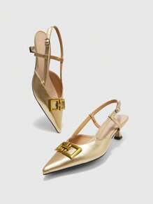 CUCCOO BIZCHIC Fashion Pointed Toe Women Pumps With Chain & Cutout Backless Design, Kitten Heel High Heel Dress Shoes For Work For Christmas Valentine's Day Spring Shoes - Gold - View 9