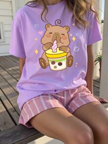 SHEIN GraphicGems Camiseta de manga corta y cuello redondo de color púrpura con estampado lindo de capibara y té de burbujas para niñas preadolescentes