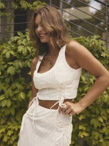 Aralina Women Vacation Casual Solid Color Criss-Cross Tie Back Crop Tank Top - White - View 6