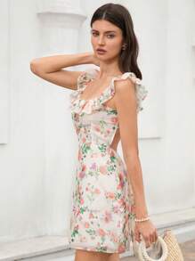 Aveloria New Vintage Style Elegant Floral Print Women Chiffon Romantic Ruffled Collar Fitted Waist Slim Short Dress For Date Boho Vacation Fashionable Style All Over Print For Summer