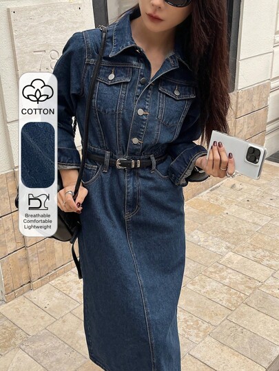 DAZY Damska sukienka koszulowa z długim rękawem i kieszeniami z przodu, jesienna, zapinana na guziki, na co dzień, ubrania na powrót do szkoły