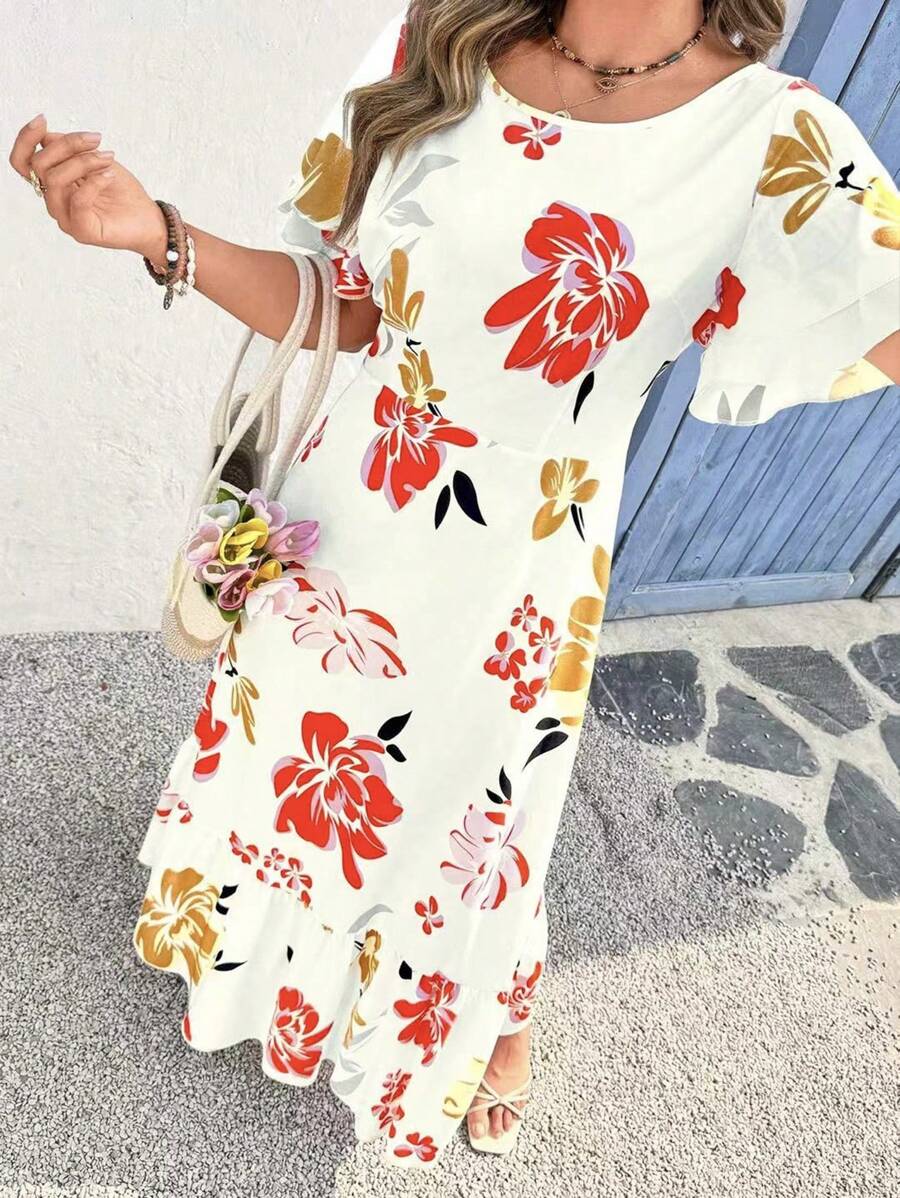 SHEIN Clasi Plus Size Women Holiday Floral Print Ruffle Sleeve Casual Dress - Multicolor - View 1