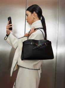 SHECARRY Women Simple Plain Metal Decor Tote Bag, Casual Everyday Use - Black - View 7