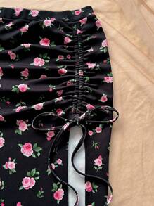 Soleia 2 件套女式碎花白色针织吊带上衣和栗色心形图案抽绳系带开叉半身裙套装，适合邮轮、海滩度假、复活节、约会 - 彩色 - 查看 6