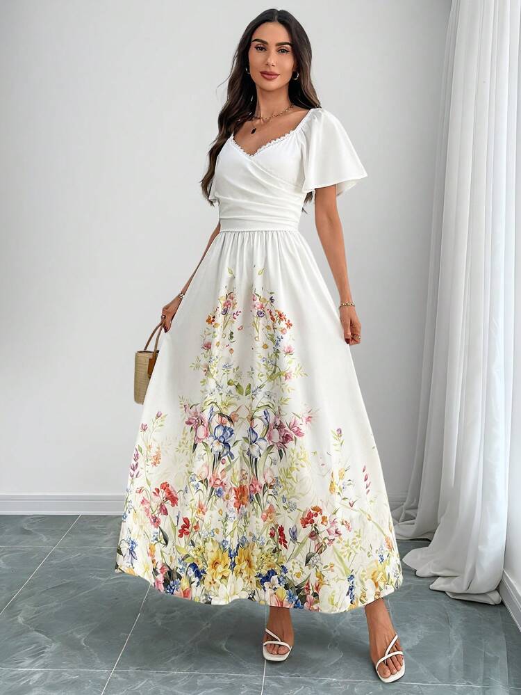 Women's Floral Print Ruffle Sleeve Elegant Dress, Suitable For Vacation