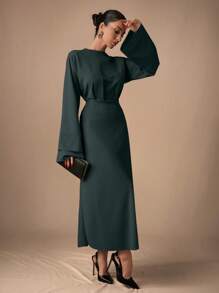 SHEIN Cottnline Elegant Commuting Solid Color Bell Sleeve Dress - Dark Green - View 5