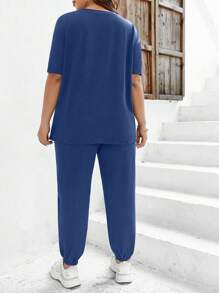 Calvaya Ensemble 2 pièces top à manches courtes et pantalon avec imprimé cœur, pour grandes tailles. Tenue d'été - Bleu azur - Voir 2