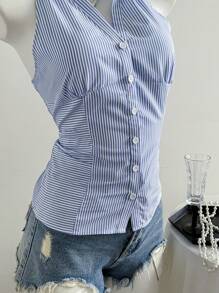Elamini Women's Casual Slim Fit Blue And White Striped Collarless Sleeveless Blouse