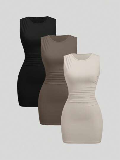 Sweetra Set de 3 vestidos casuales, ajustados y cómodos para mujer