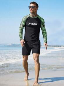 Manfinity Swimmode 2pcs Men's Letter Print Raglan Sleeve Swimwear Set: Long Sleeve Top And Shorts - Black - View 6