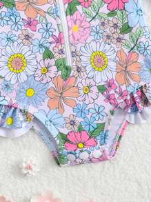 SHEIN Infant/Toddler Girls' Long Sleeve Zip Rash Guard, Fashionable For Summer - Multicolor - View 4