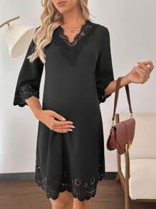 SHEIN Sexy V-Neck Lace Maternity Dress, Solid Color, Fashion, Suitable For Summer - Black - View 1