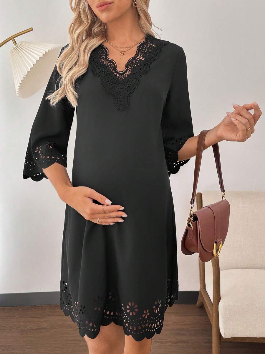 SHEIN Sexy V-Neck Lace Maternity Dress, Solid Color, Fashion, Suitable For Summer - Black - View 1