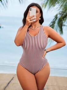 Swim SPRTY Plus Size Women Striped Digital Print One-Piece Swimsuit, Sleeveless Slim Fit Chic Beachwear & Poolwear For Summer Beach Vacation