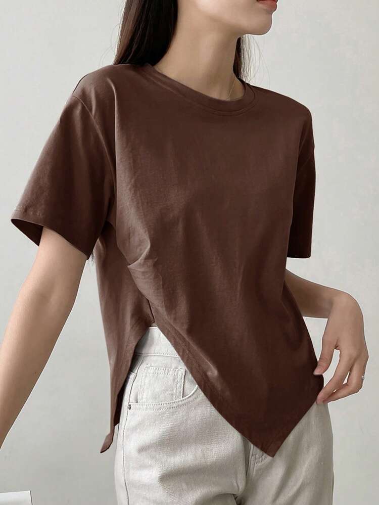 Women's Asymmetric Slit Short Sleeve T-Shirt, Casual Business Design Old Money Style