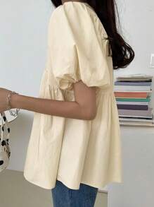 DAZY Women's Oversize Puff Sleeve Solid Color Cute Short Sleeve Pullover Blouse Summer,Ruffle Babydoll Top - Apricot - View 2