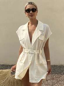 Livesso Women's Vacation Casual Solid Color Lightweight Blazer Jacket Linen Business Attire - White - View 5