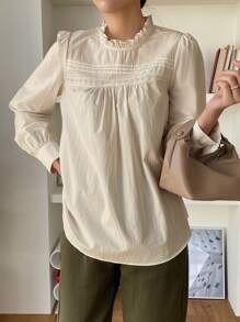 DAZY 女士蕾丝领长袖修身衬衫 - 卡其色 - 查看 3